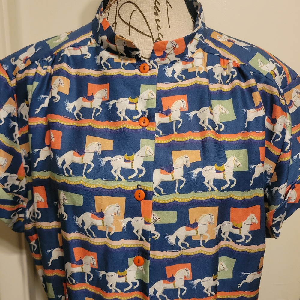 Palava Carousel Horse Print Tencel Midi Dress Blue Orange Button Front Sz 16 - Picture 2 of 9